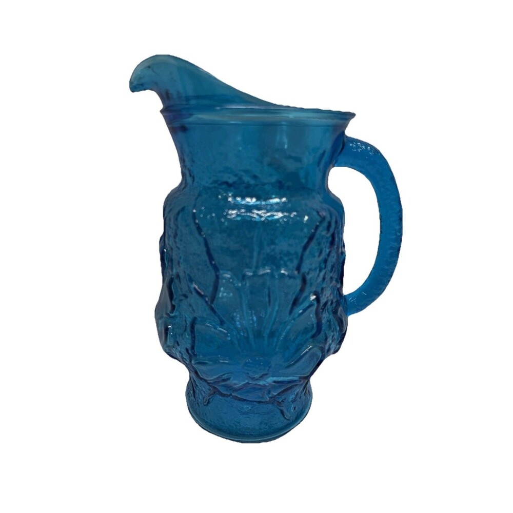 Rainflower Anchor Hocking sky Blue Pitcher Embossed Flower Textured 2QT ice lip